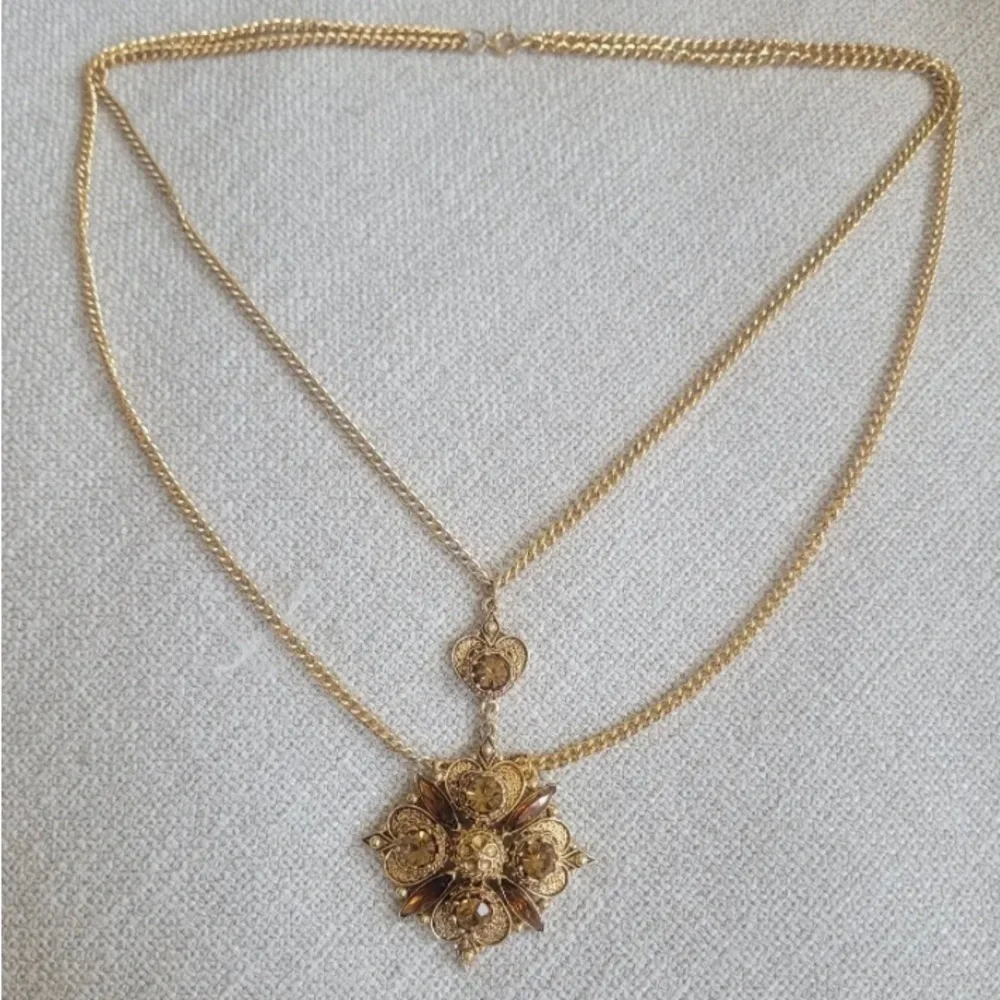 FLORENZA Signed Victorian Renaissance Revival Topaz Rhinestone Necklace
